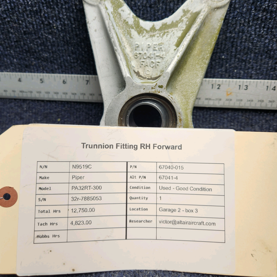 Used aircraft parts for sale, 67040-015 Piper PA32RT-300 TRUNNION FITTING RH FORWARD