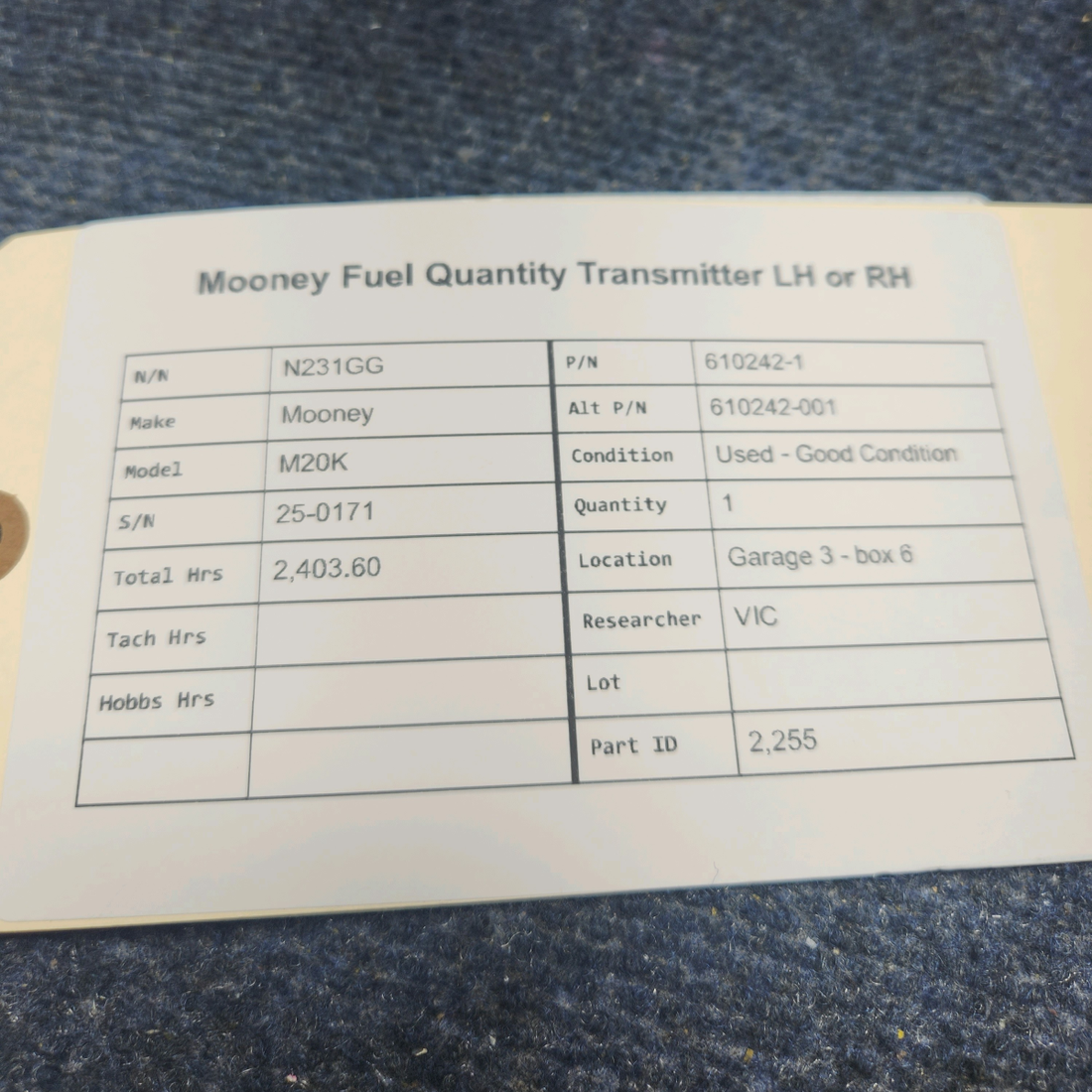 Used aircraft parts for sale, 610242-1 Mooney M20K FUEL QUANTITY TRANSMITTER LH OR RH