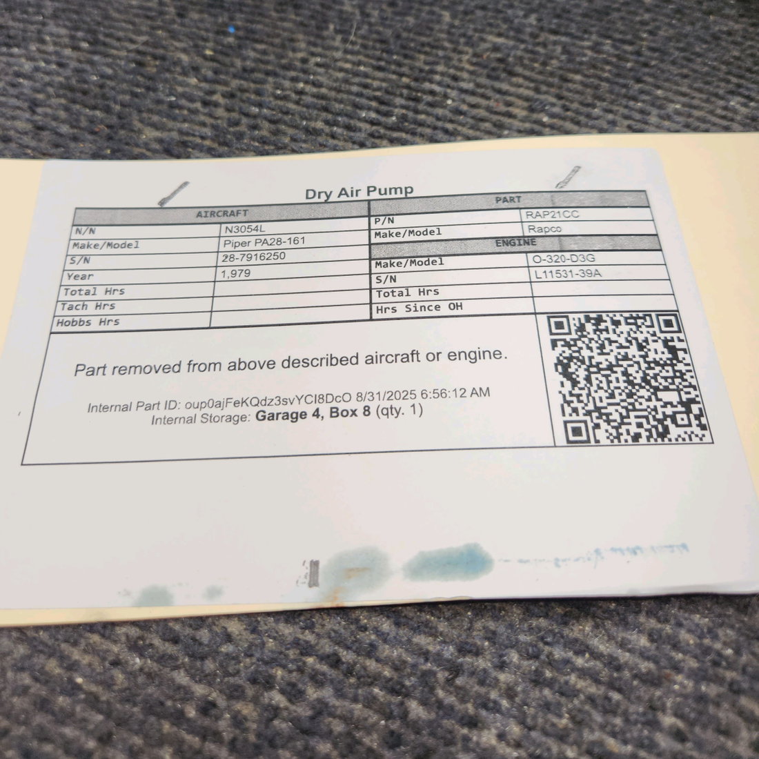Used aircraft parts for sale, RAP21CC Rapco Piper PA28-161 Dry Air Pump