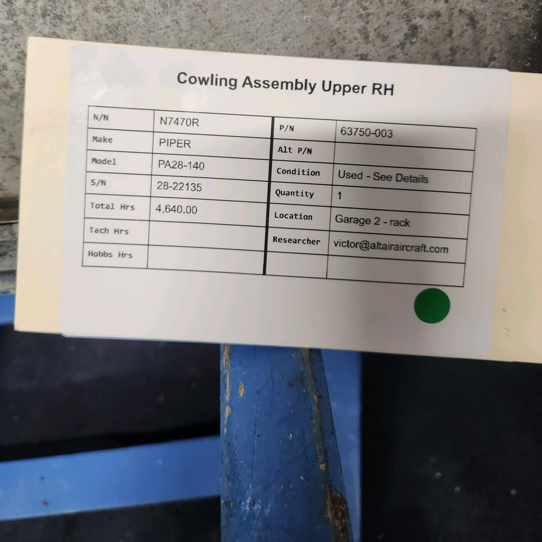 Used aircraft parts for sale, 63750-003 PIPER PA28-140 COWLING ASSEMBLY UPPER RH