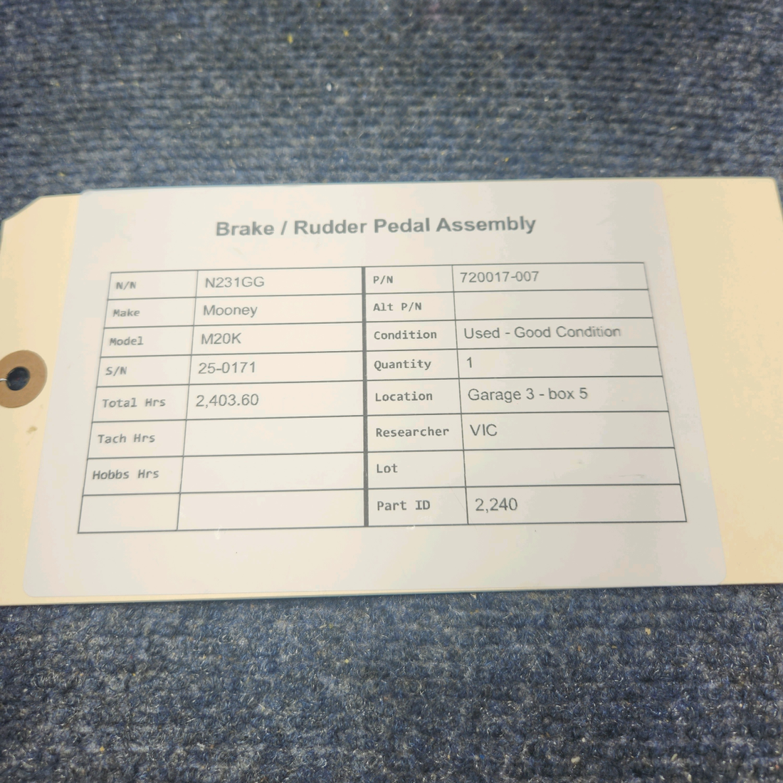 Used aircraft parts for sale, 720017-007 Mooney M20K BRAKE / RUDDER PEDAL ASSEMBLY