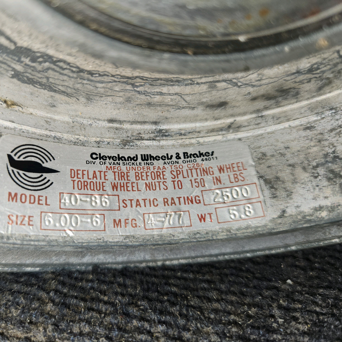 Used aircraft parts for sale, 40-86 Cleveland Mooney M20J Main Wheel Assy 6.00x6