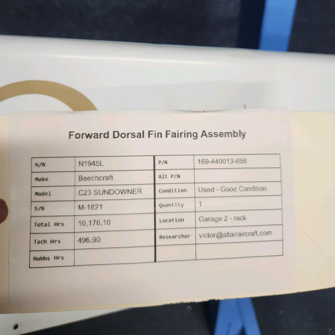 Used aircraft parts for sale, 169-440013-659 Beechcraft C23 SUNDOWNER FORWARD DORSAL FIN FAIRING ASSEMBLY