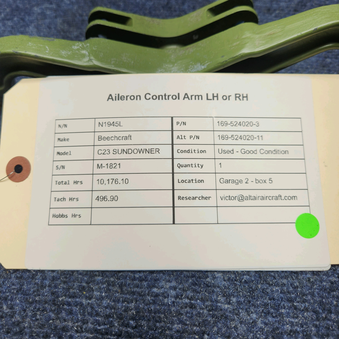 Used aircraft parts for sale, 169-524020-3 Beechcraft C23 SUNDOWNER AILERON CONTROL ARM LH OR RH