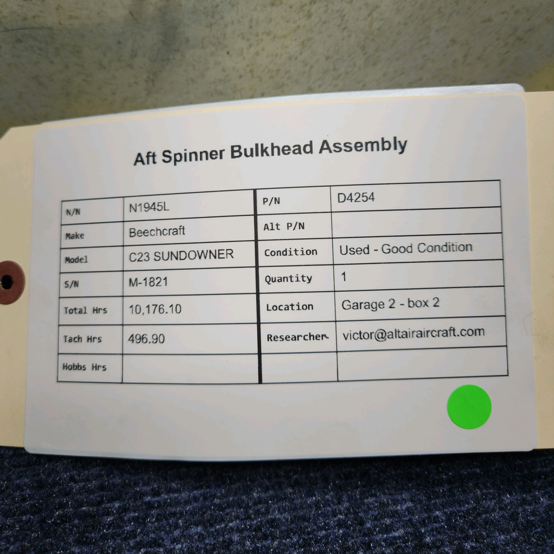 Used aircraft parts for sale, D4254 Beechcraft C23 SUNDOWNER AFT SPINNER BULKHEAD ASSEMBLY