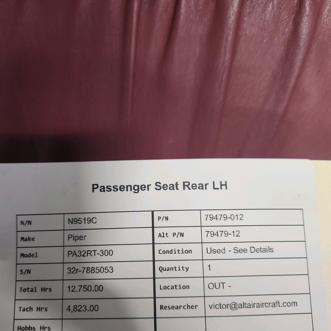 Used aircraft parts for sale, 79479-012 Piper PA32RT-300 PASSENGER SEAT REAR LH