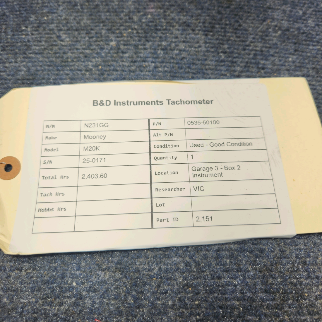 Used aircraft parts for sale, 0535-50100 Mooney M20K B&D INSTRUMENTS TACHOMETER