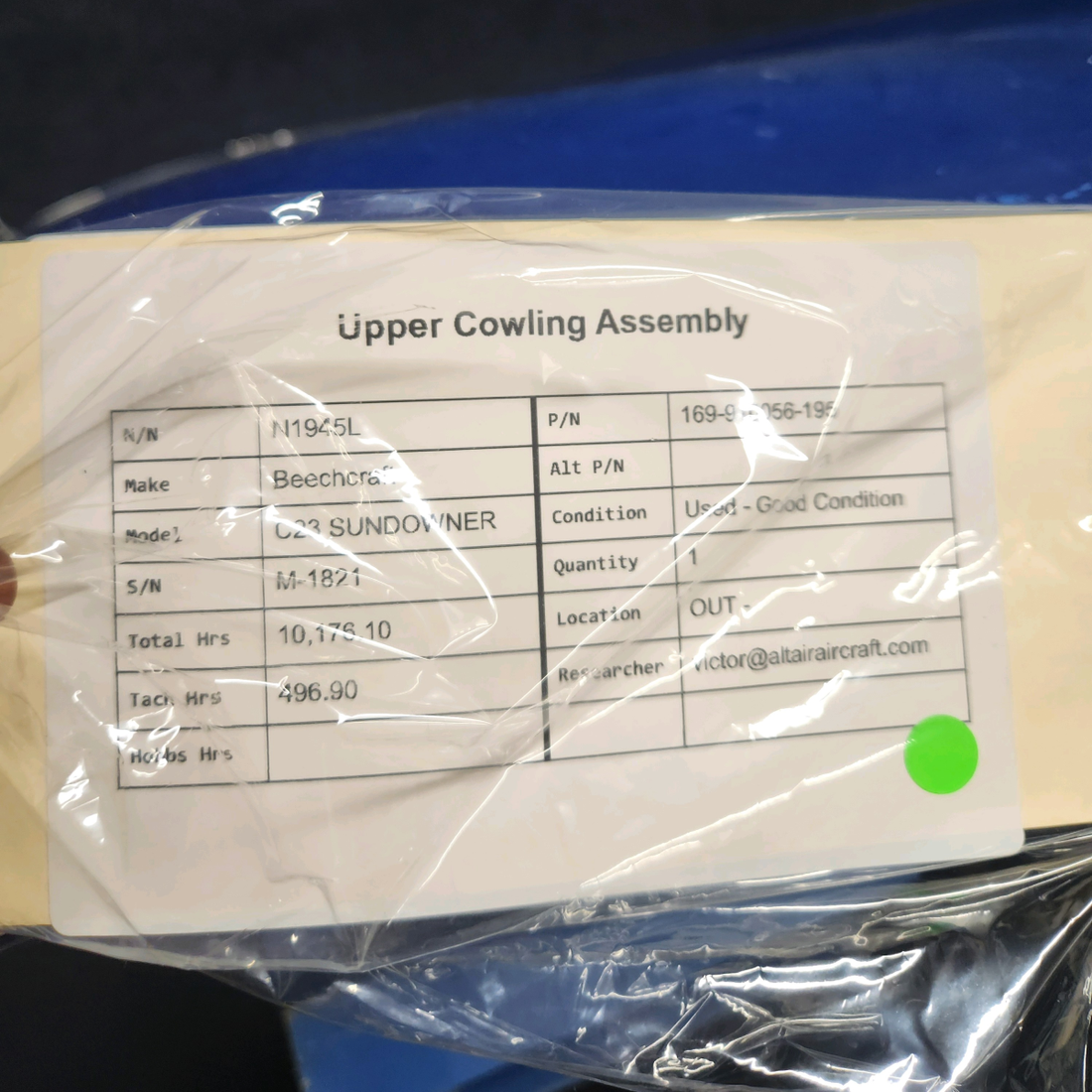 Used aircraft parts for sale, 169-910056-195 Beechcraft C23 SUNDOWNER UPPER COWLING ASSEMBLY
