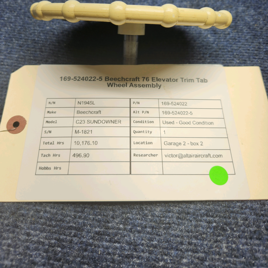 Used aircraft parts for sale, 169-524022 Beechcraft C23 SUNDOWNER BEECHCRAFT 76 ELEVATOR TRIM TAB WHEEL ASSEMBLY