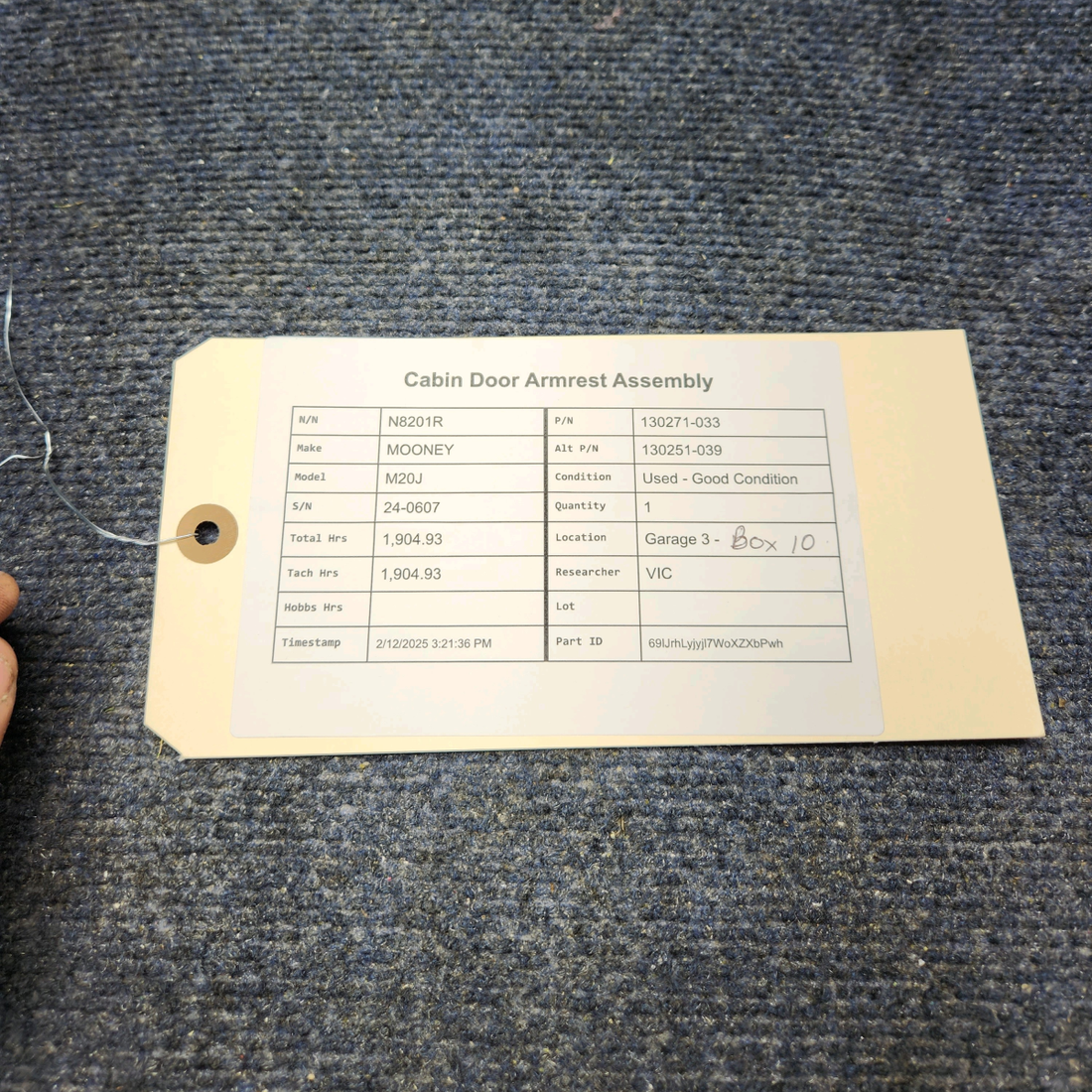 Used aircraft parts for sale, 130271-033 Mooney M20J CABIN DOOR ARMREST ASSEMBLY