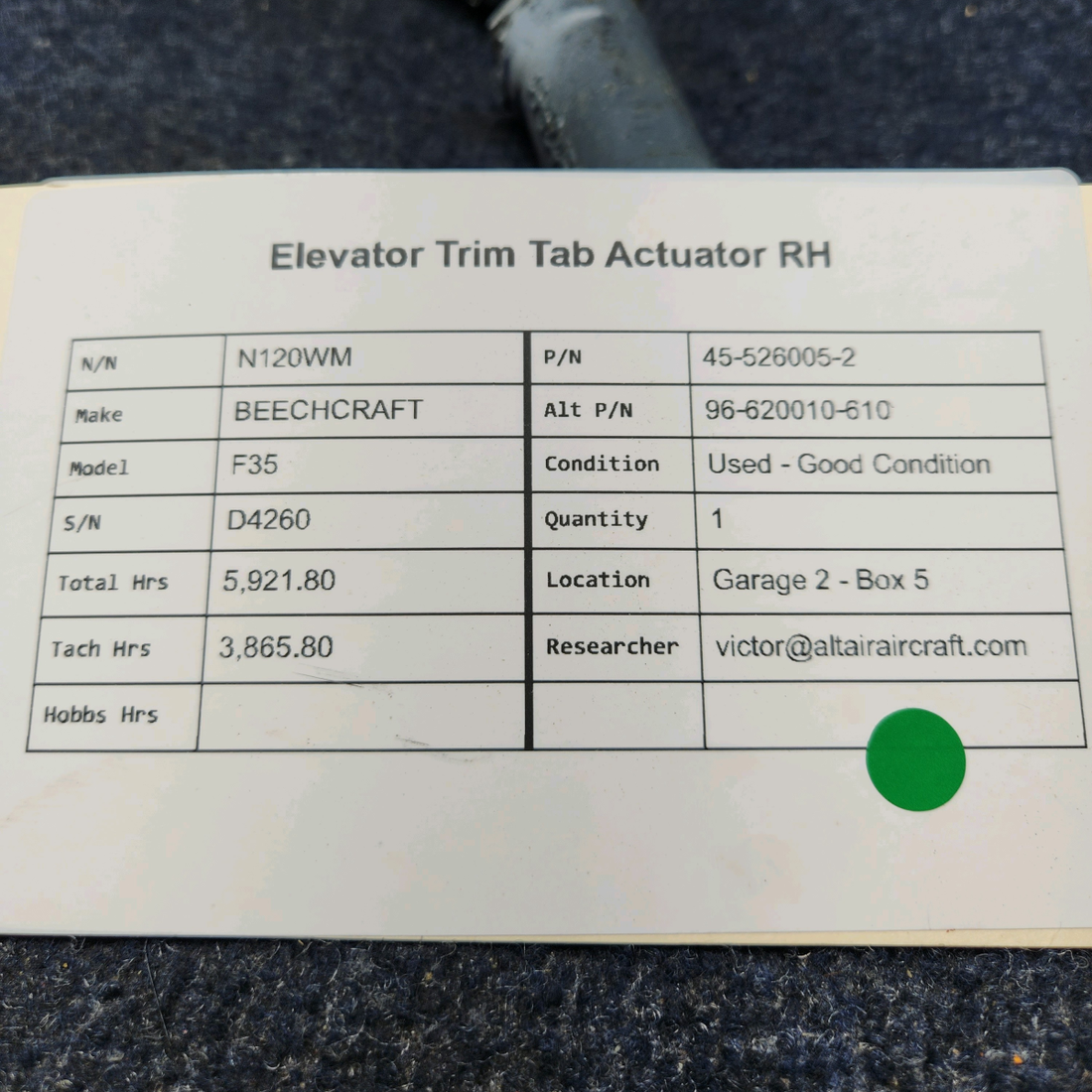 Used aircraft parts for sale, 45-526005-2 BEECHCRAFT F35 ELEVATOR TRIM TAB ACTUATOR RH
