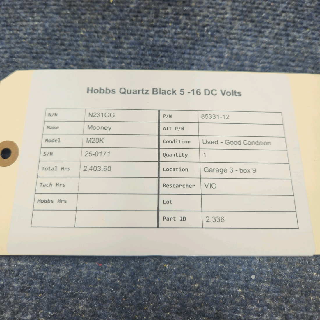 Used aircraft parts for sale, 85331-12 Mooney M20K HOBBS QUARTZ BLACK 5 -16 DC VOLTS