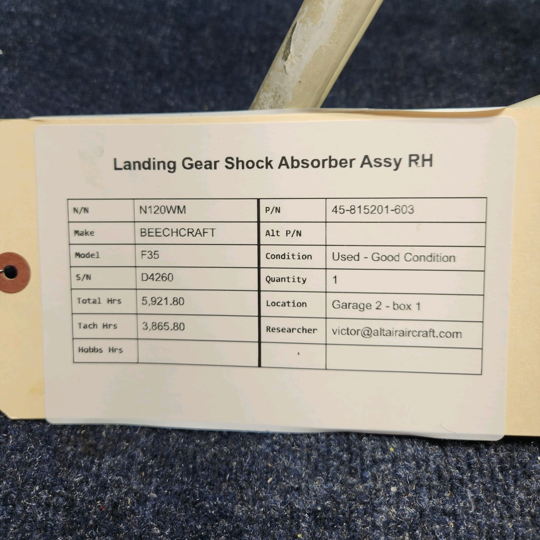 Used aircraft parts for sale, 45-815201-603 BEECHCRAFT F35 LANDING GEAR SHOCK ABSORBER ASSY RH