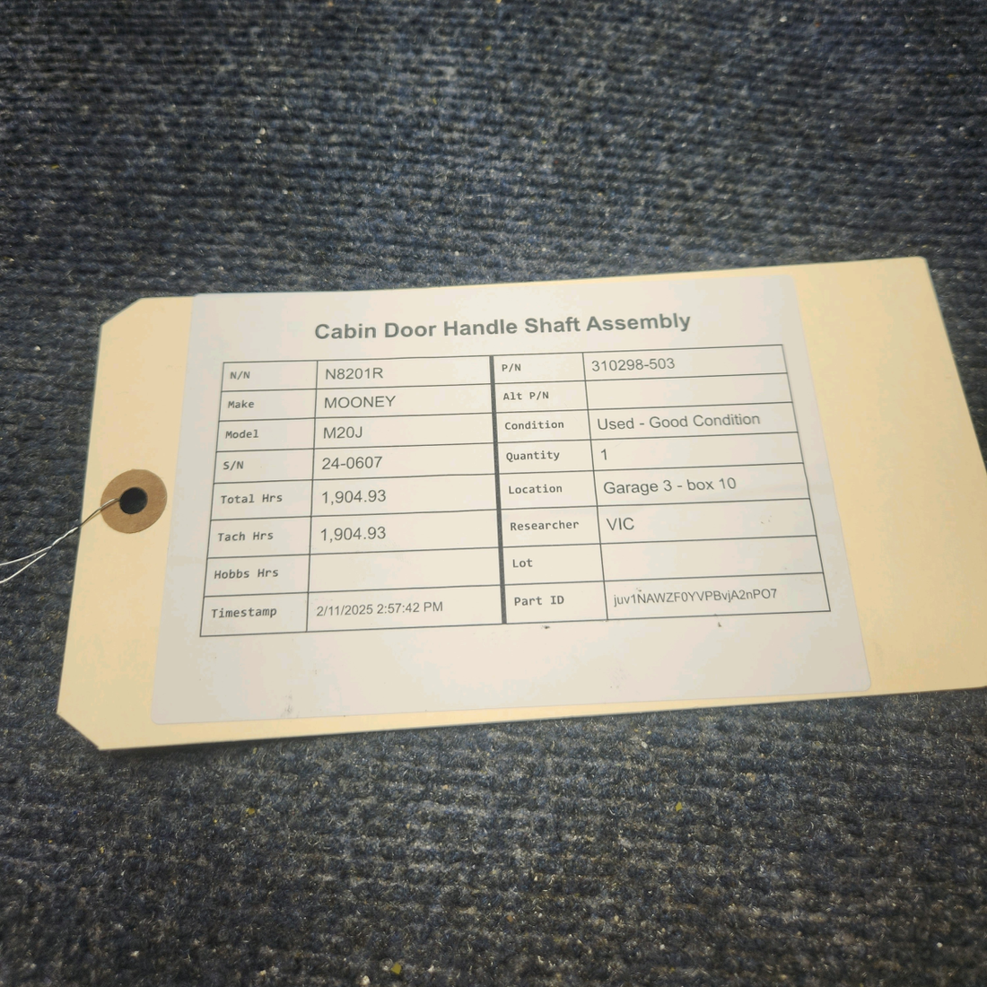 Used aircraft parts for sale, 310298-503 Mooney M20J CABIN DOOR HANDLE SHAFT ASSEMBLY