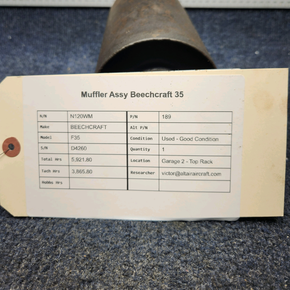 Used aircraft parts for sale, 189 BEECHCRAFT F35 MUFFLER ASSY BEECHCRAFT 35