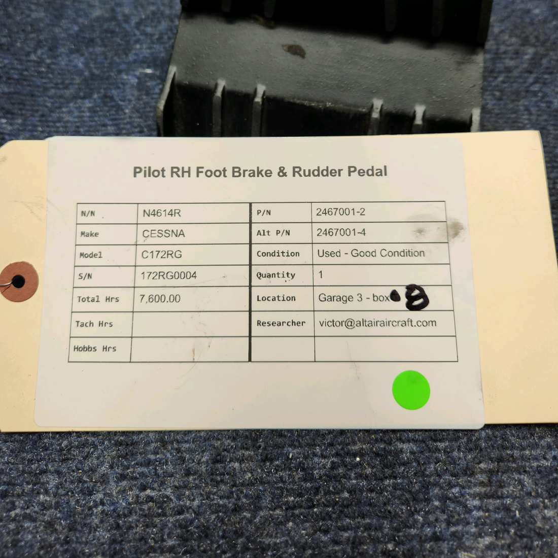Used aircraft parts for sale, 2467001-2 CESSNA C172RG PILOT RH FOOT BRAKE & RUDDER PEDAL