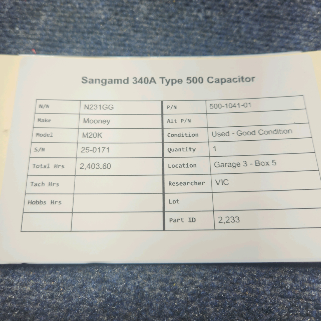 Used aircraft parts for sale, 500-1041-01 Mooney M20K SANGAMD 340A TYPE 500 CAPACITOR