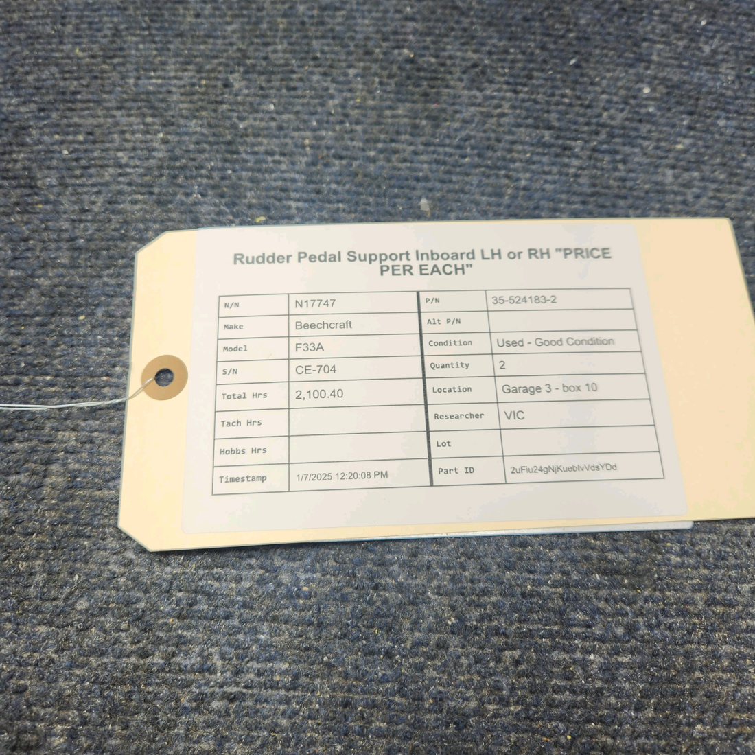 Used aircraft parts for sale, 35-524183-2 Beechcraft F33A RUDDER PEDAL SUPPORT INBOARD LH OR RH "PRICE PER EACH"