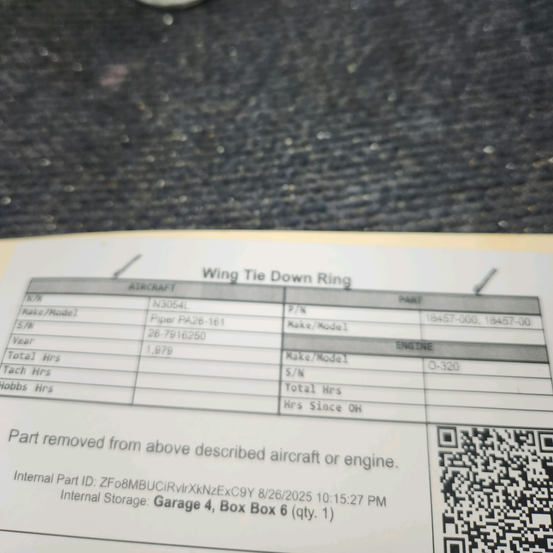 Used aircraft parts for sale, 18457-000 Piper PA28-161 Wing Tie Down Ring