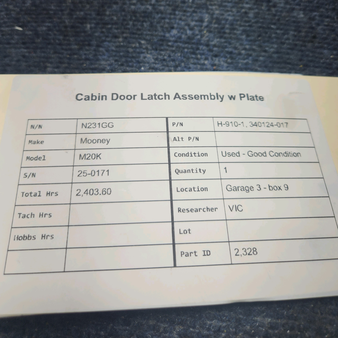 Used aircraft parts for sale, H-910-1, 340124-017 Mooney M20K CABIN DOOR LATCH ASSEMBLY W PLATE
