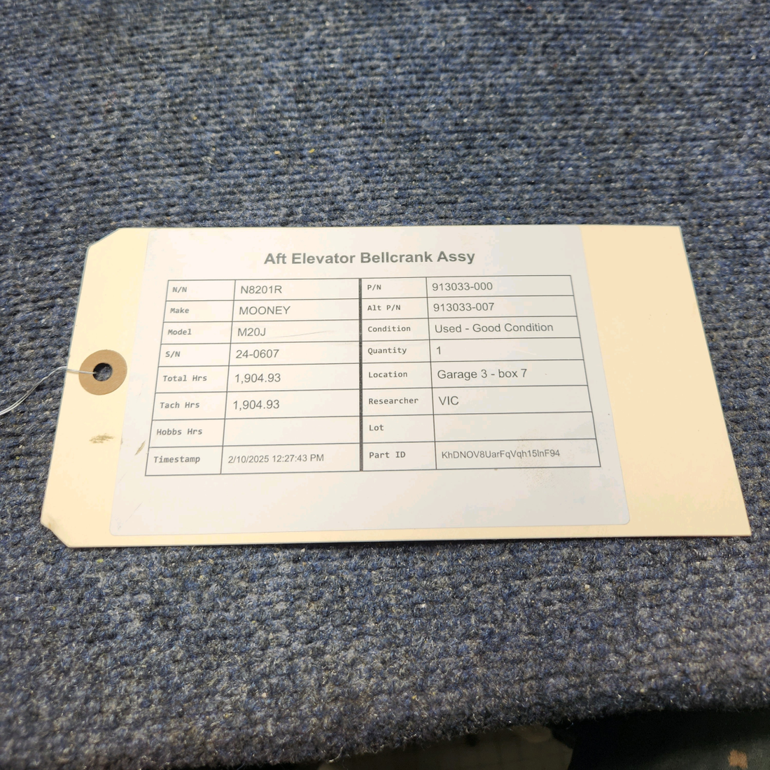 Used aircraft parts for sale, 913033-000 Mooney M20J AFT ELEVATOR BELLCRANK ASSY