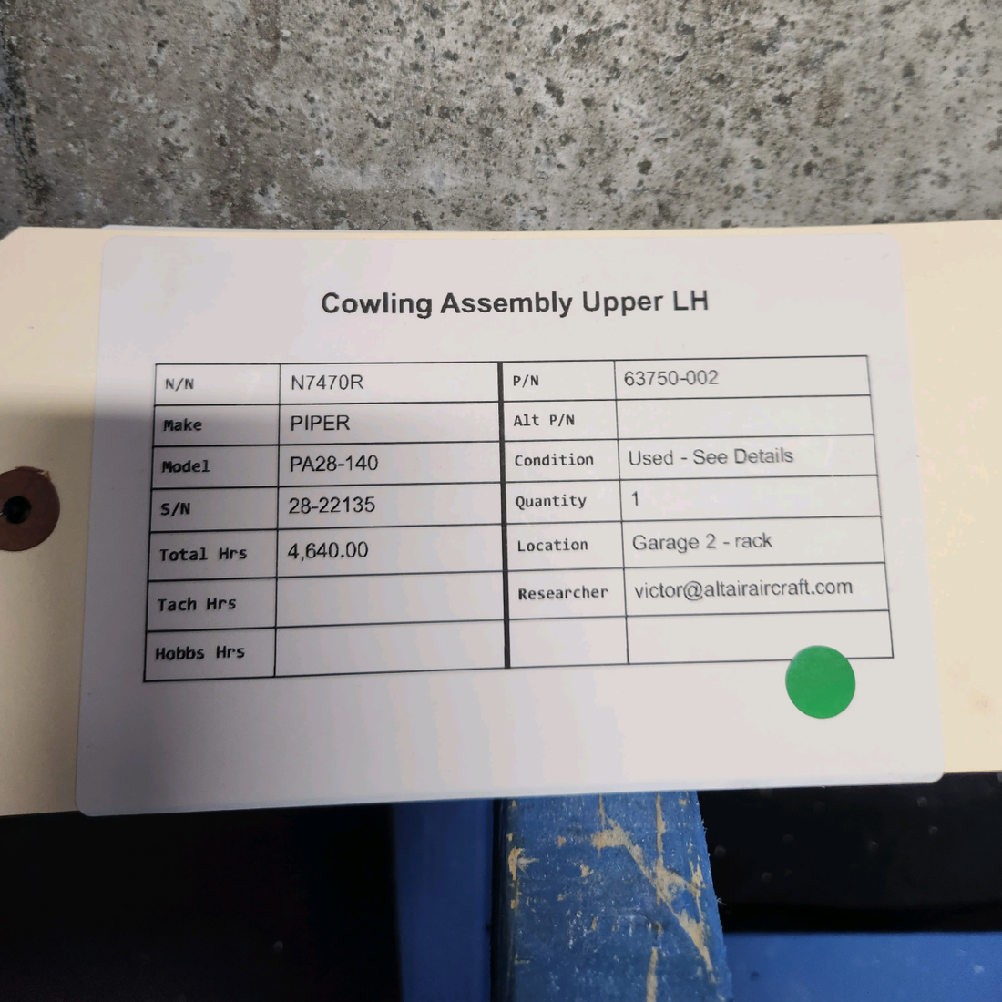 Used aircraft parts for sale, 63750-002 PIPER PA28-140 COWLING ASSEMBLY UPPER LH