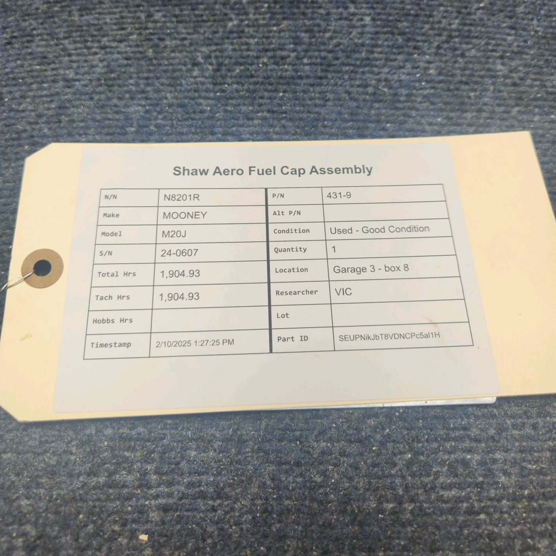 Used aircraft parts for sale, 431-9 Shaw Aero Mooney M20J FUEL CAP ASSEMBLY