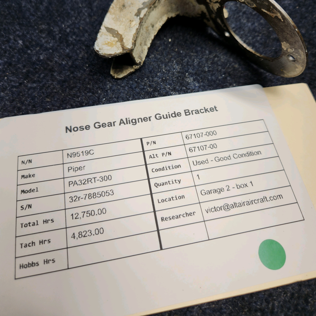 Used aircraft parts for sale, 67107-000 Piper PA32RT-300 NOSE GEAR ALIGNER GUIDE BRACKET