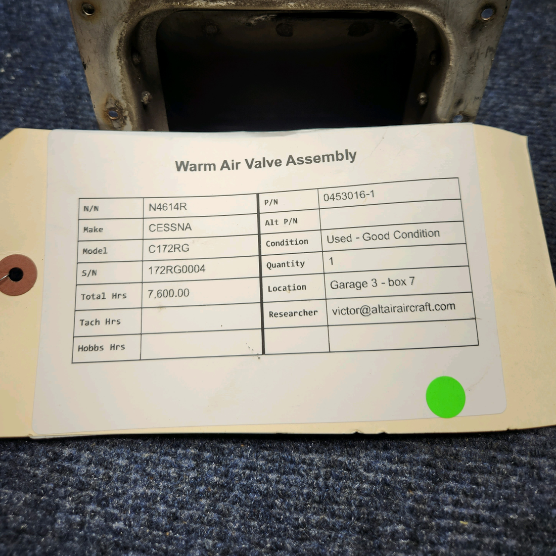 Used aircraft parts for sale, 0453016-1 Cessna CESSNA C172RG WARM AIR VALVE ASSEMBLY