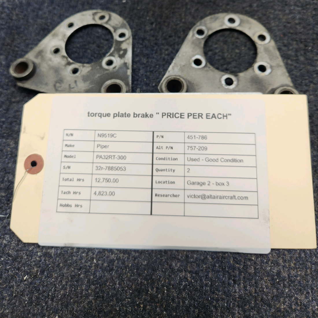 Used aircraft parts for sale, 451-786 Piper PA32RT-300 TORQUE PLATE BRAKE " PRICE PER EACH"