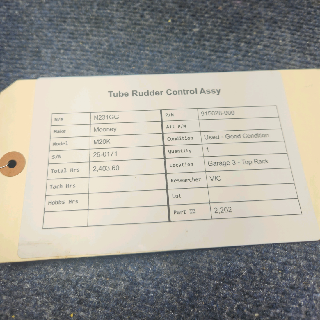 Used aircraft parts for sale, 915028-000 Mooney M20K TUBE RUDDER CONTROL ASSY