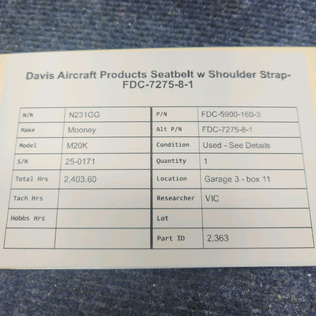 Used aircraft parts for sale, FDC-5900-160-3 Mooney M20K DAVIS AIRCRAFT PRODUCTS SEATBELT W SHOULDER STRAP-FDC-7275-8-1