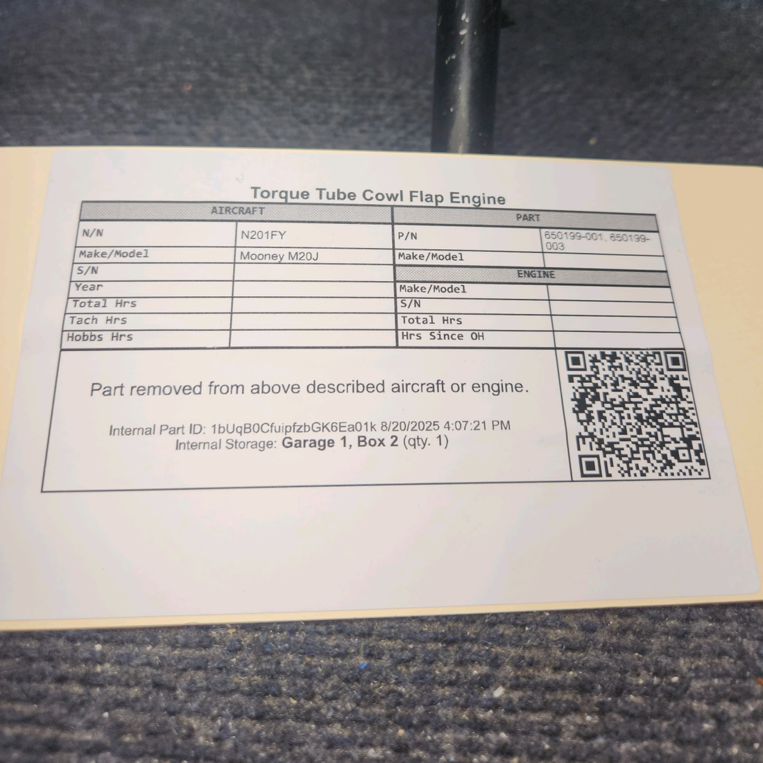 Used aircraft parts for sale, 650199-001 Mooney M20J Torque Tube Cowl Flap Engine