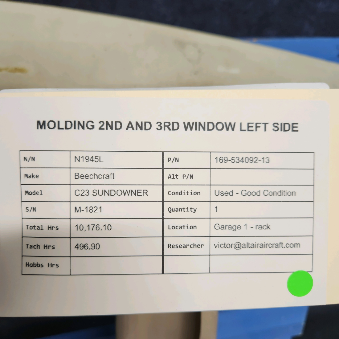 Used aircraft parts for sale, 169-534092-13 Beechcraft C23 SUNDOWNER MOLDING 2ND AND 3RD WINDOW LEFT SIDE