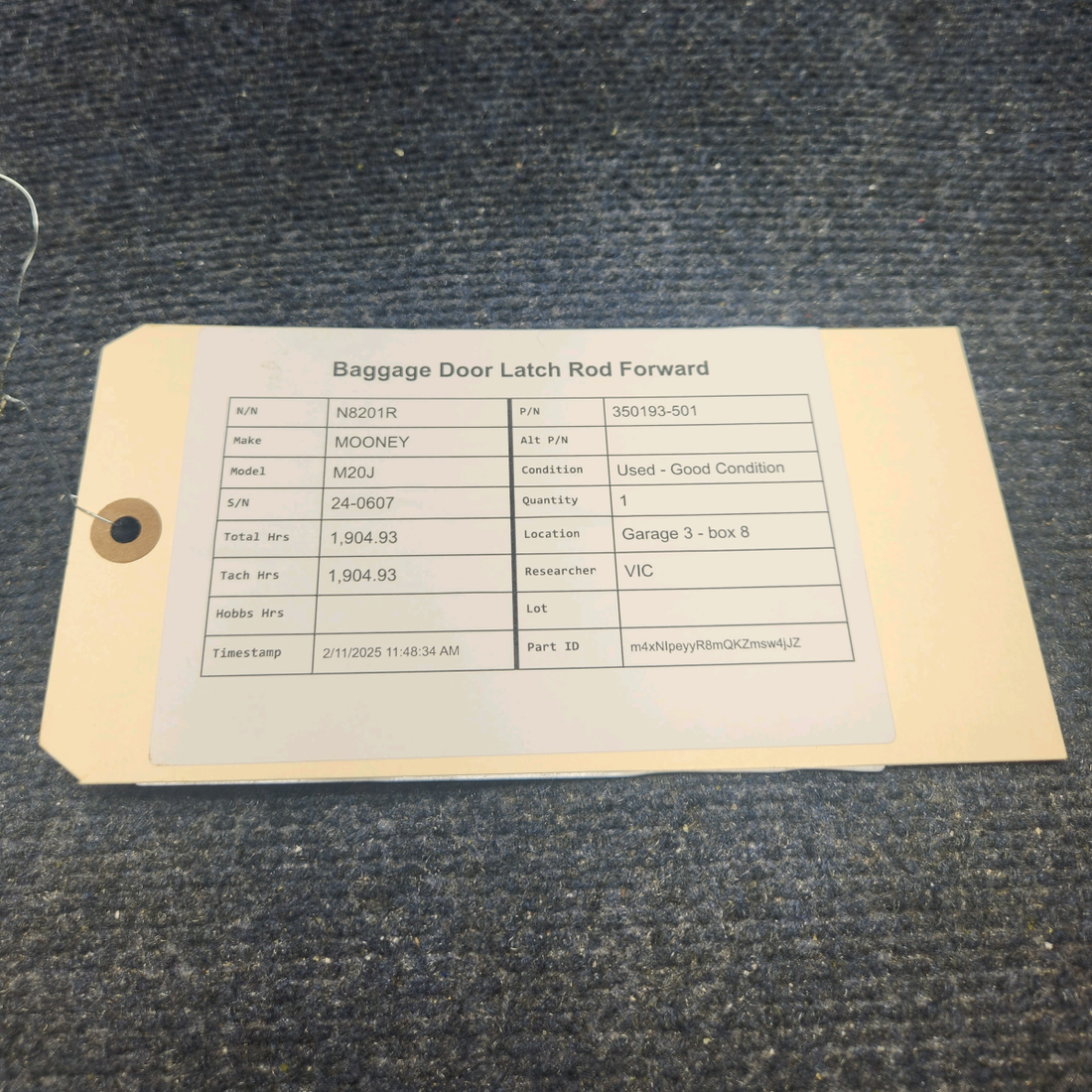 Used aircraft parts for sale, 350193-501 Mooney M20J BAGGAGE DOOR LATCH ROD FORWARD