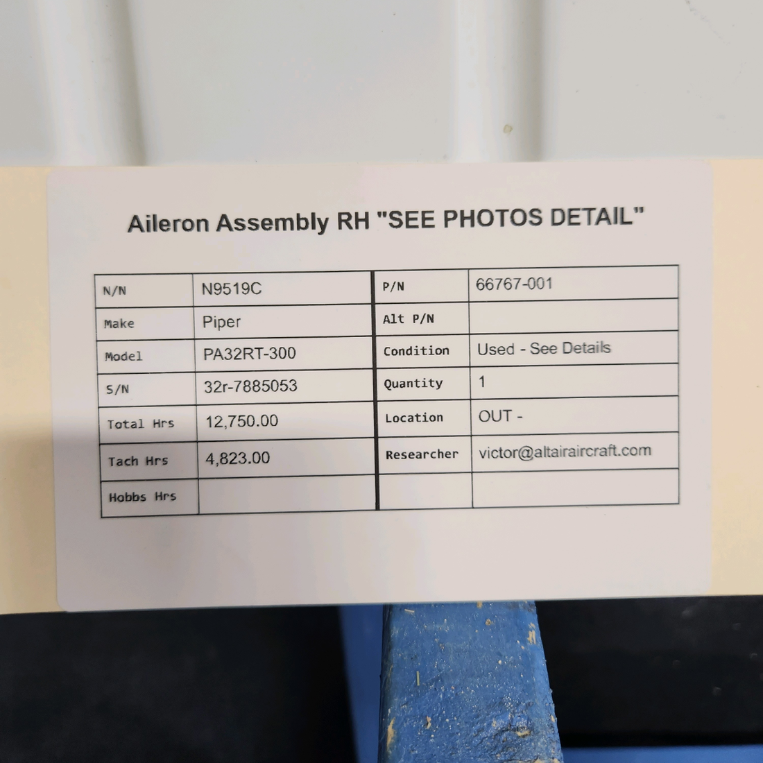 Used aircraft parts for sale, 66767-001 Piper PA32RT-300 AILERON ASSEMBLY RH "SEE PHOTOS DETAIL"