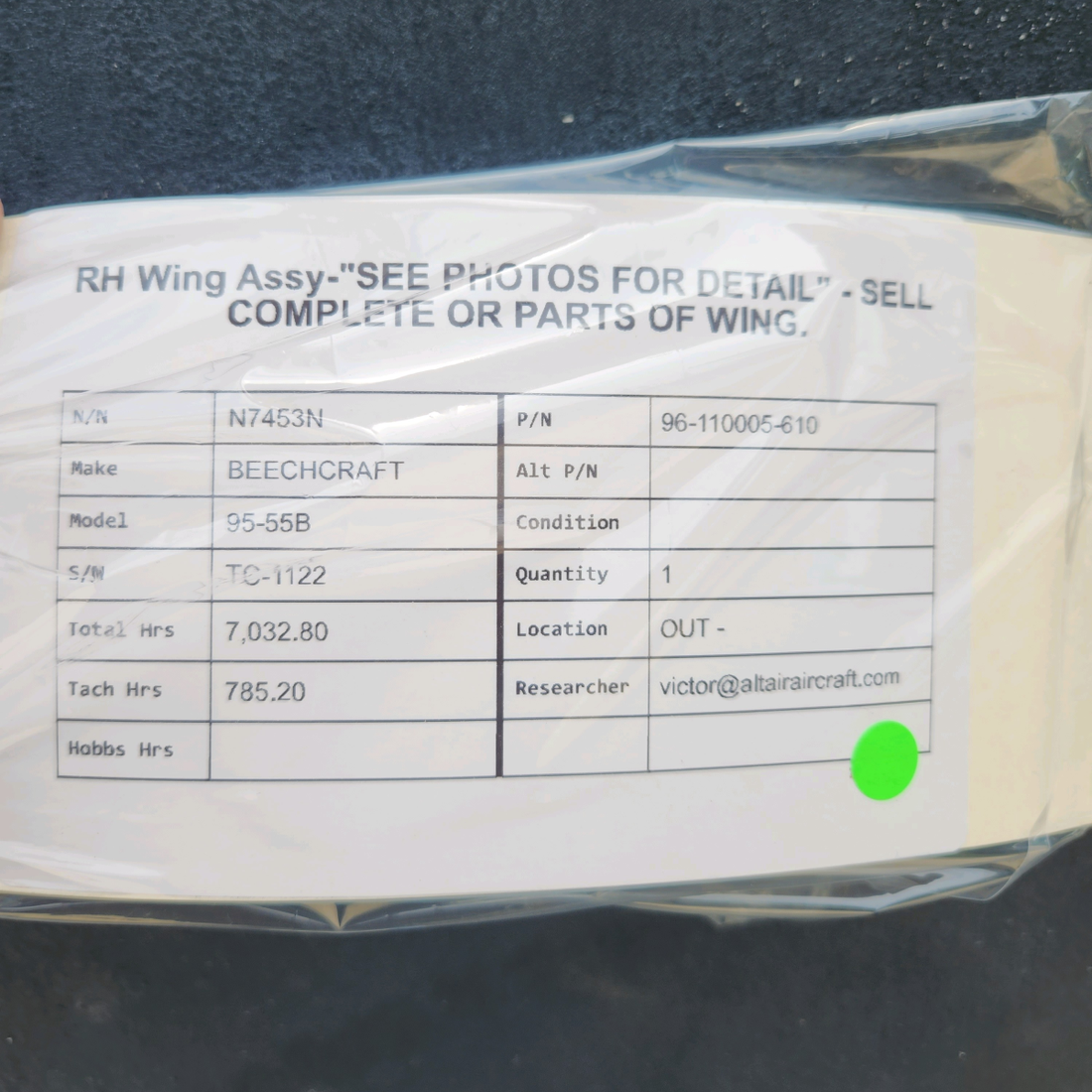 Used aircraft parts for sale, 96-110005-610 BEECHCRAFT 95-55B RH WING ASSY-"SEE PHOTOS FOR DETAIL" - SOLD COMPLETE OR PARTS OF WING.