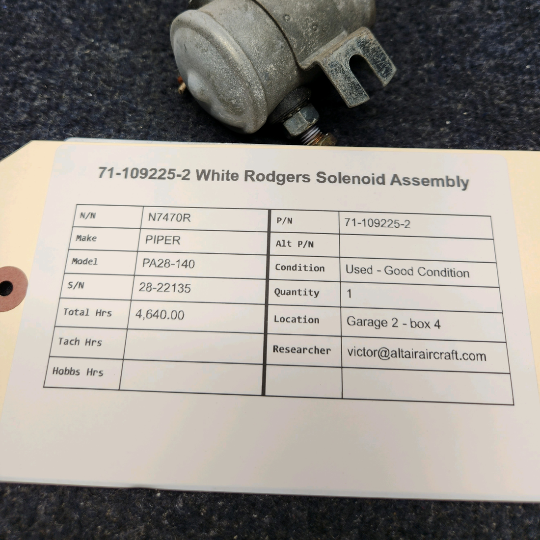 Used aircraft parts for sale, 71-109225-2 White Rodgers PIPER PA28-140 SOLENOID ASSEMBLY