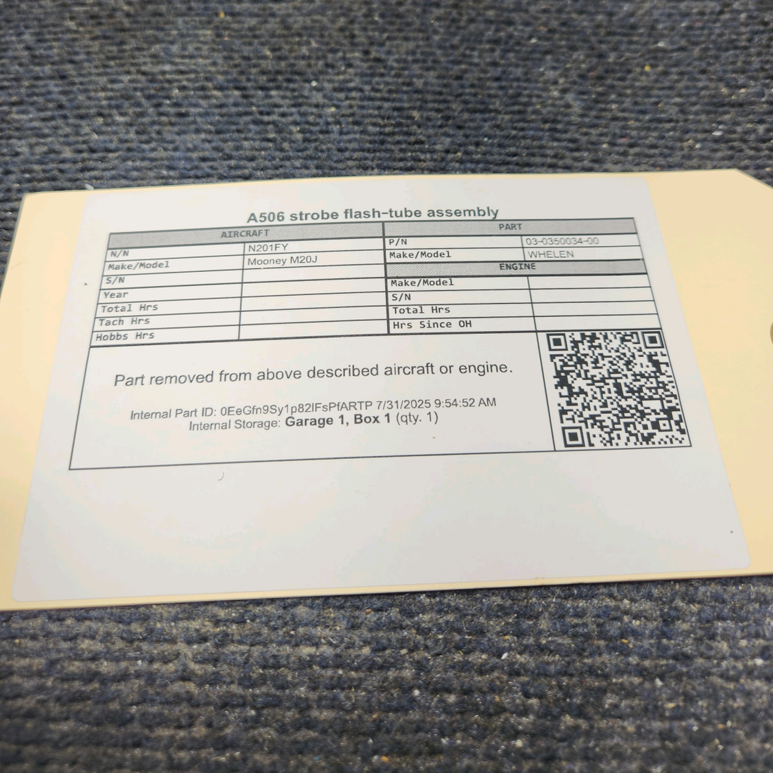 Used aircraft parts for sale, 02‑0350034‑00 WHELEN A506 Mooney M20J Strobe Light Flash Tube Assembly