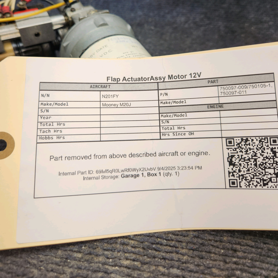 Used aircraft parts for sale, 750097-009,750105-1 Mooney M20J Flap Actuator Assy with Motor - 12V