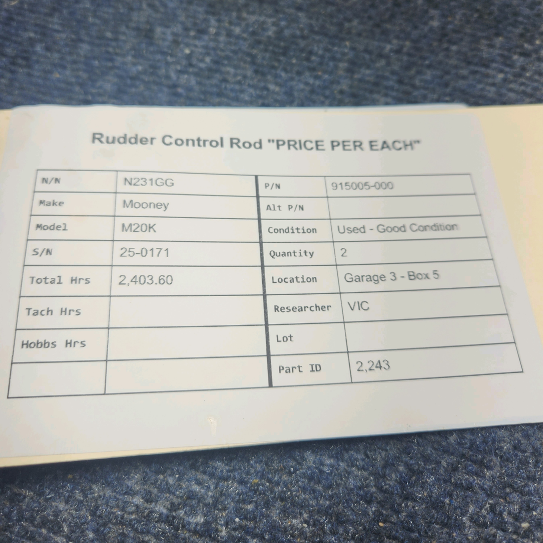 Used aircraft parts for sale, 915005-000 Mooney M20K RUDDER CONTROL ROD "PRICE PER EACH"