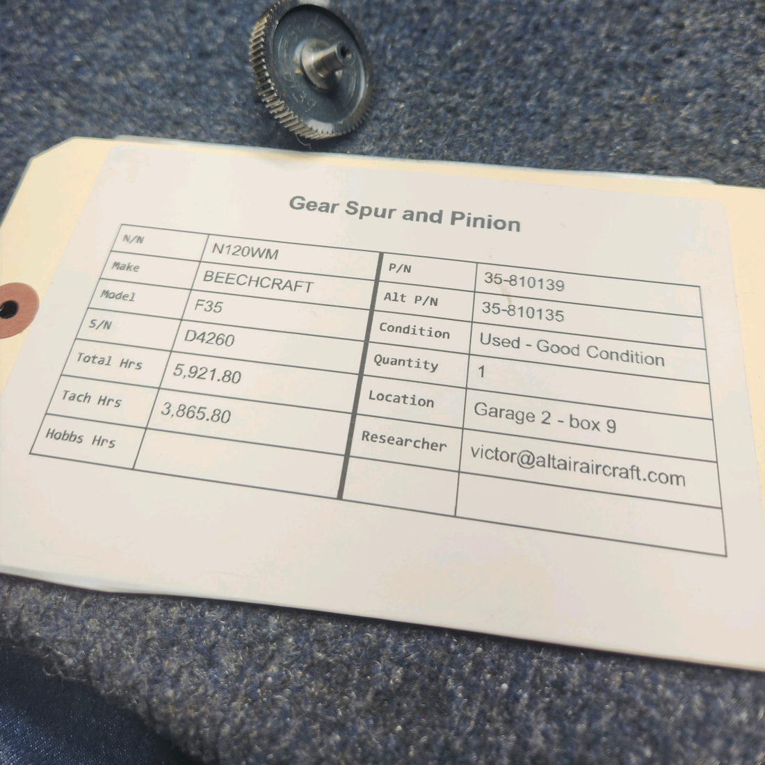 Used aircraft parts for sale, 35-810139 BEECHCRAFT F35 GEAR SPUR AND PINION