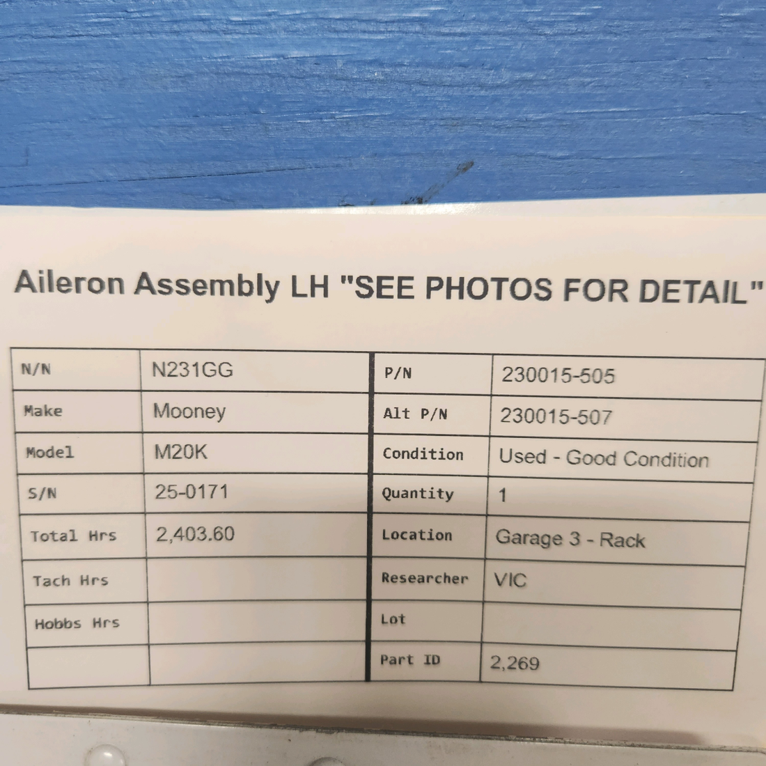 Used aircraft parts for sale, 230015-505 Mooney M20K AILERON ASSEMBLY LH "SEE PHOTOS FOR DETAIL"