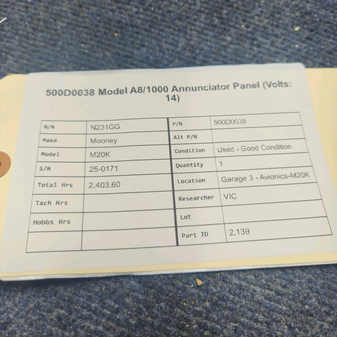 Used aircraft parts for sale, 500D0038 Mooney M20K MODEL A8/1000 ANNUNCIATOR PANEL (VOLTS: 14)