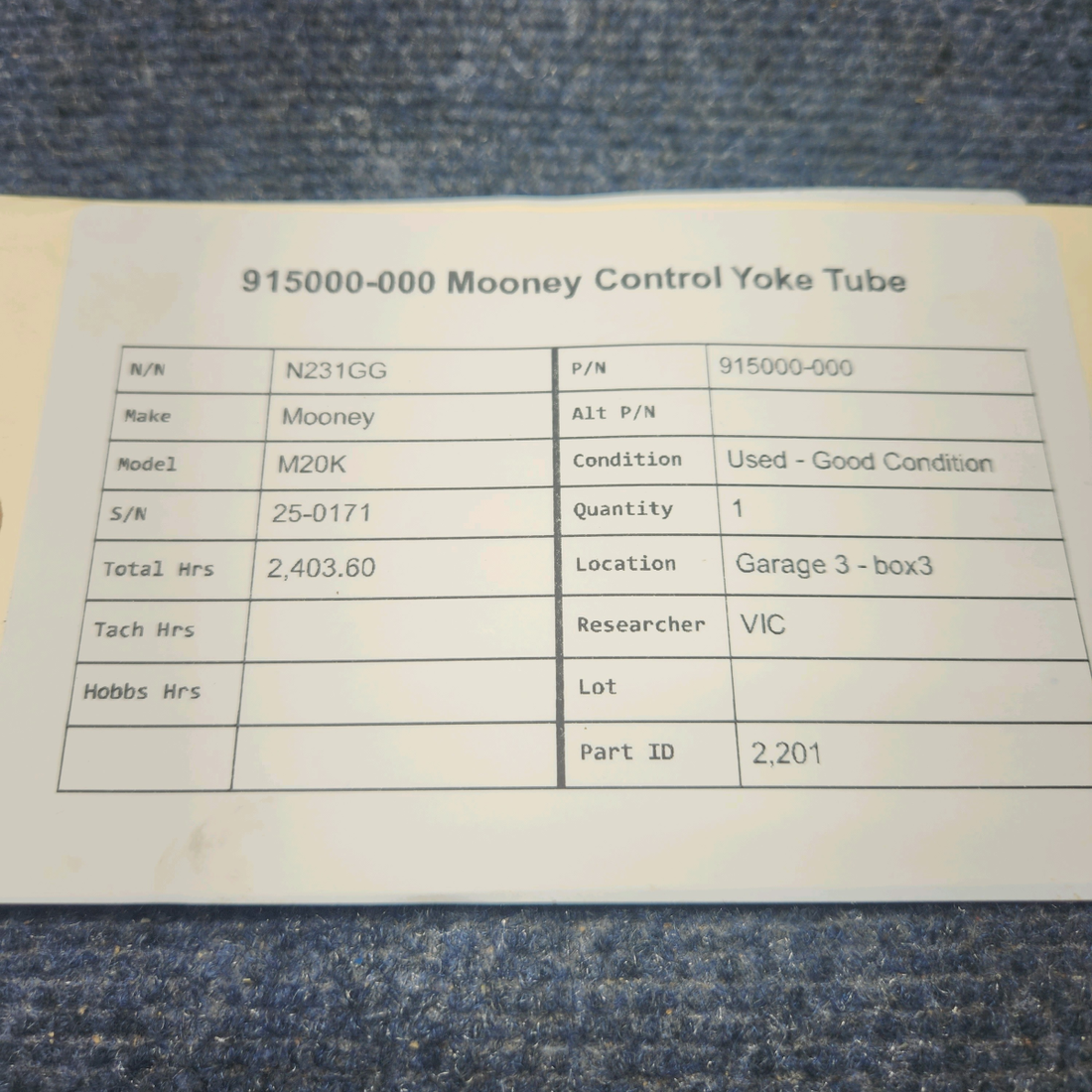 Used aircraft parts for sale, 915000-000 Mooney M20K CONTROL YOKE TUBE