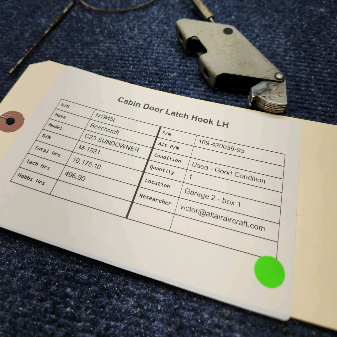 Used aircraft parts for sale, 169-420036-93 Beechcraft C23 SUNDOWNER CABIN DOOR LATCH HOOK LH