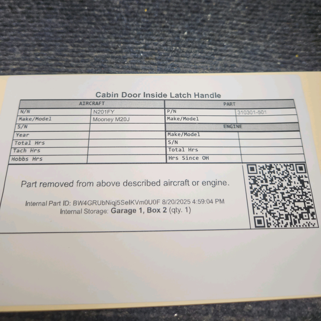 Used aircraft parts for sale, 310301-501 Mooney M20J Cabin Door Inside Latch Handle