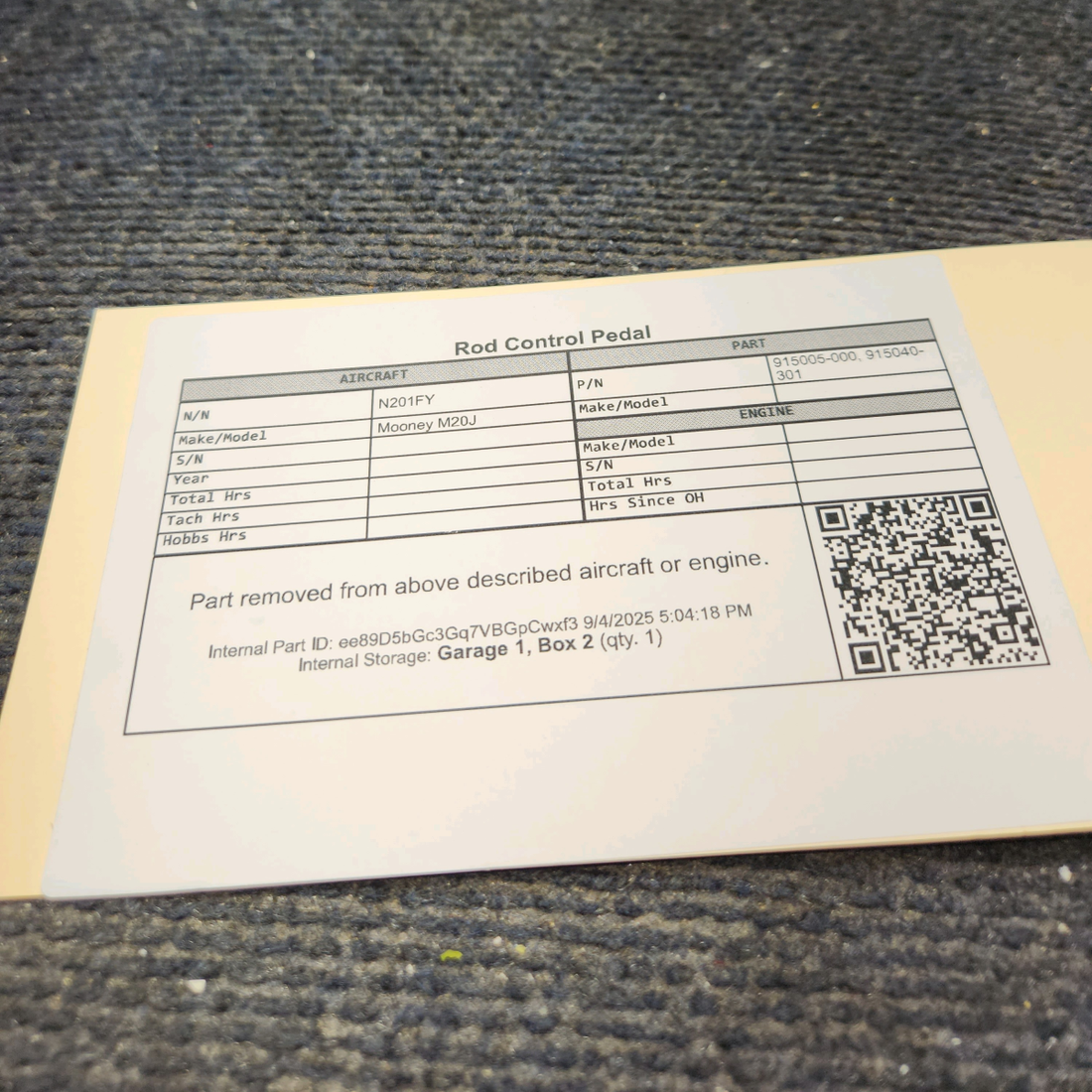 Used aircraft parts for sale, 915005-000 Mooney M20J Rudder Control Rod