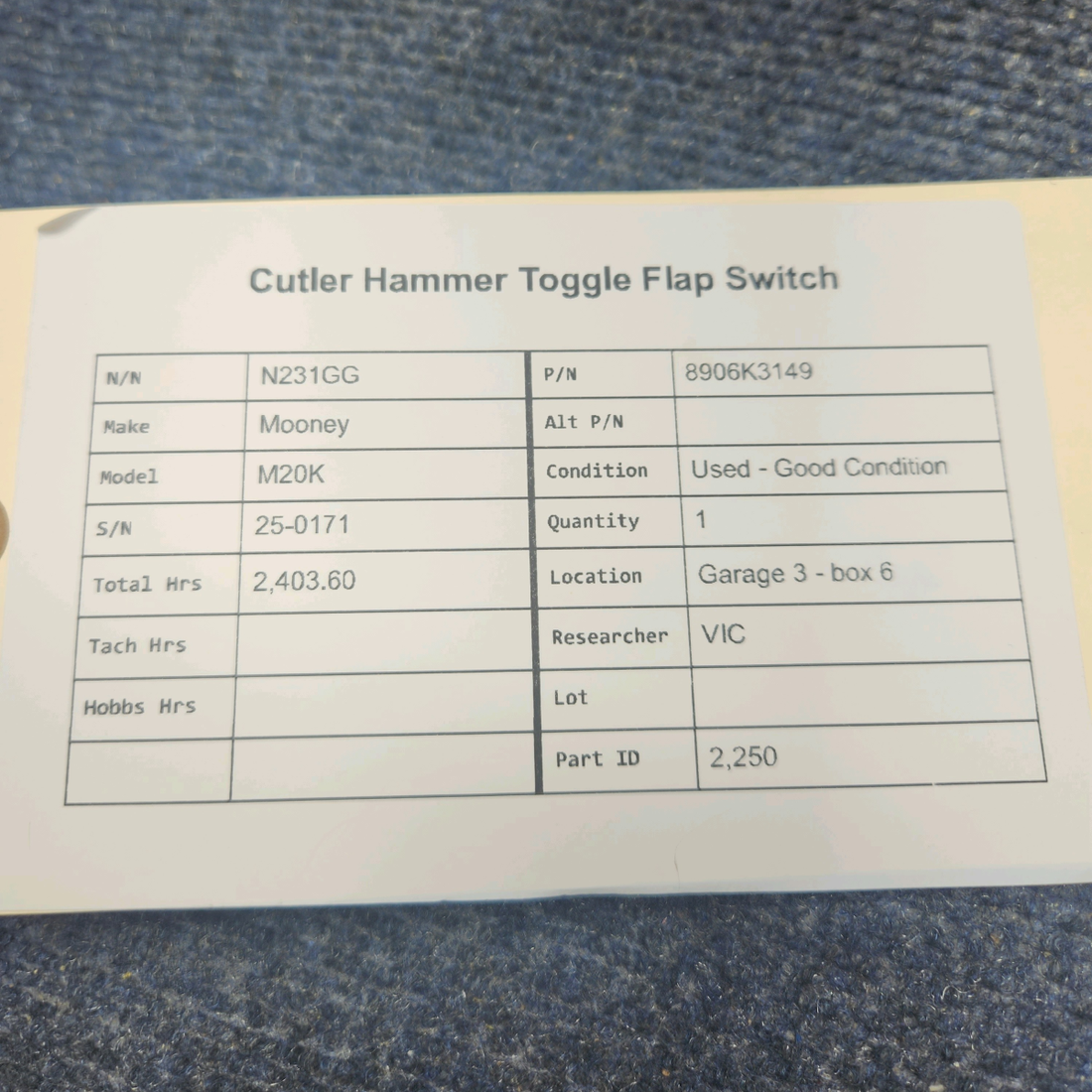 Used aircraft parts for sale, 8906K3149 Mooney M20K CUTLER HAMMER TOGGLE FLAP SWITCH