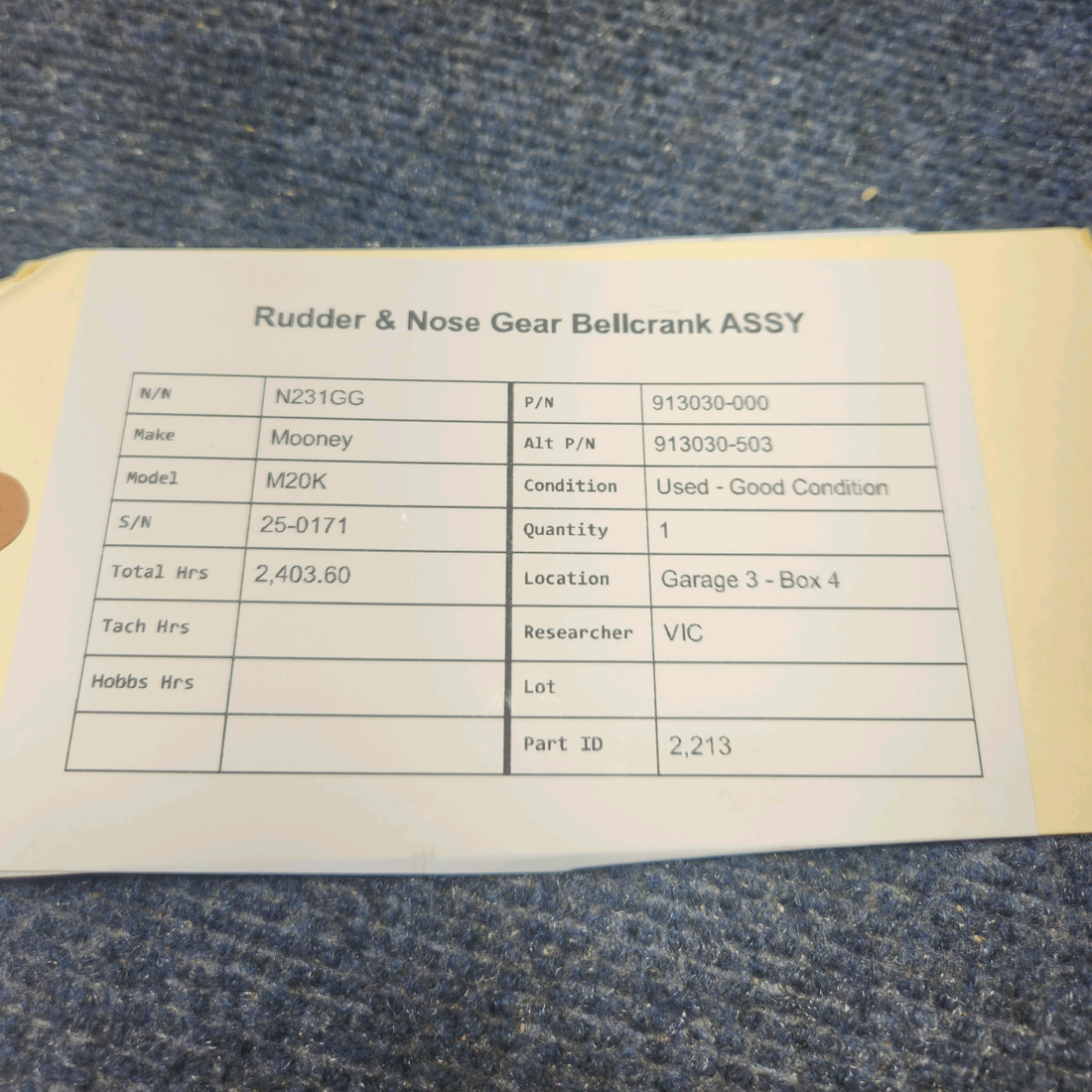 Used aircraft parts for sale, 913030-000 Mooney M20K RUDDER & NOSE GEAR BELLCRANK ASSY